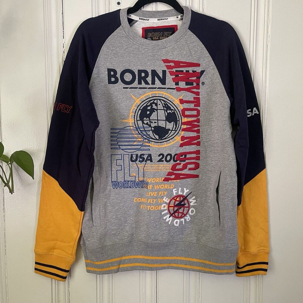 Born Fly USA 2002 Men Gray Navy Yellow Anytime USA Pullover Sweater Size S